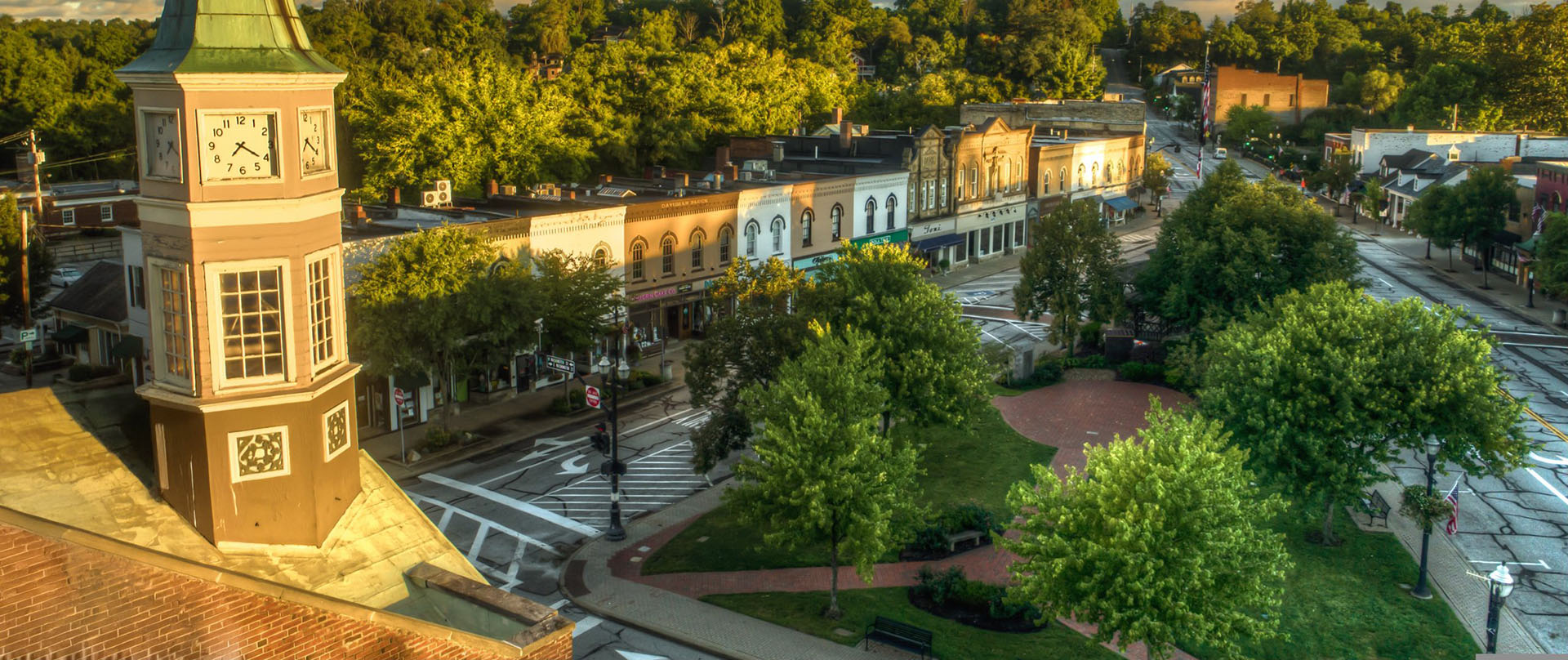 Bird's-eye view of downtown Chagrin Falls at sunrise.