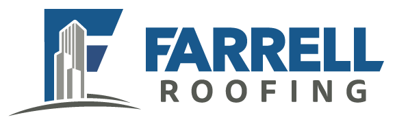 Farrell Roofing logo featuring a stylized blue "F" with buildings inside and the company name beside it.