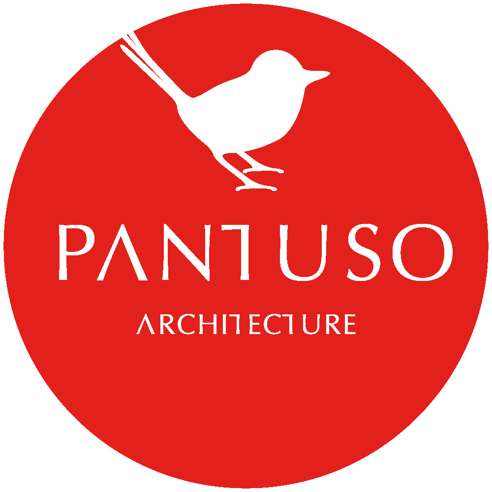 Red circle logo with a white silhouette of a bird above the words "PANTUSO ARCHITECTURE" in stylized fonts.