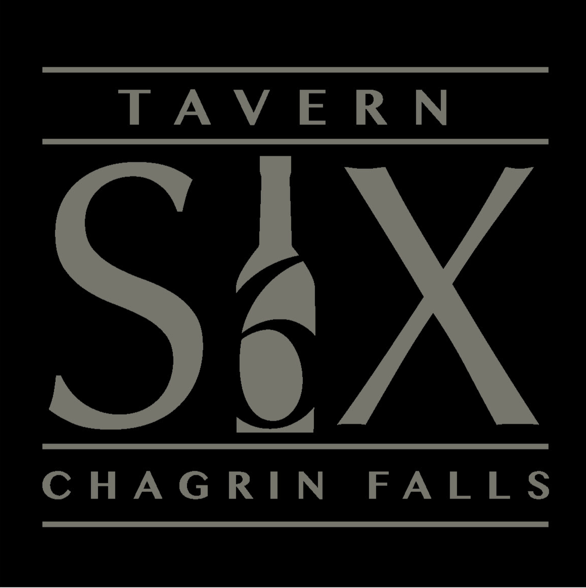 Logo for Tavern Six in Chagrin Falls, featuring a stylized "SIX" with a wine bottle forming the letter "I", and the words "Tavern" and "Chagrin Falls".