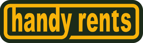 The image shows a logo with the words "handy rents" in bold yellow text on a dark green background with a yellow border, capturing the cheerful spirit of Blossom Time.