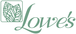 The image shows the Lowe's logo with stylized green leaf designs next to the word "Lowe's" in elegant cursive font.